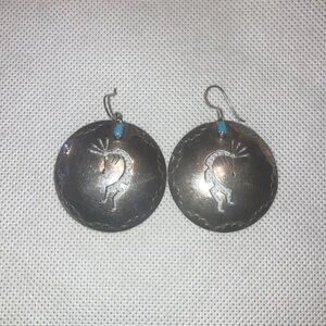 Vintage Southwest Handmade Sterling Silver Kokopelli Concho Turquoise Earrings
